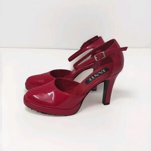 Red Patent Leather Platform Round Toe Ankle Strap Heels Size 7 New Jante